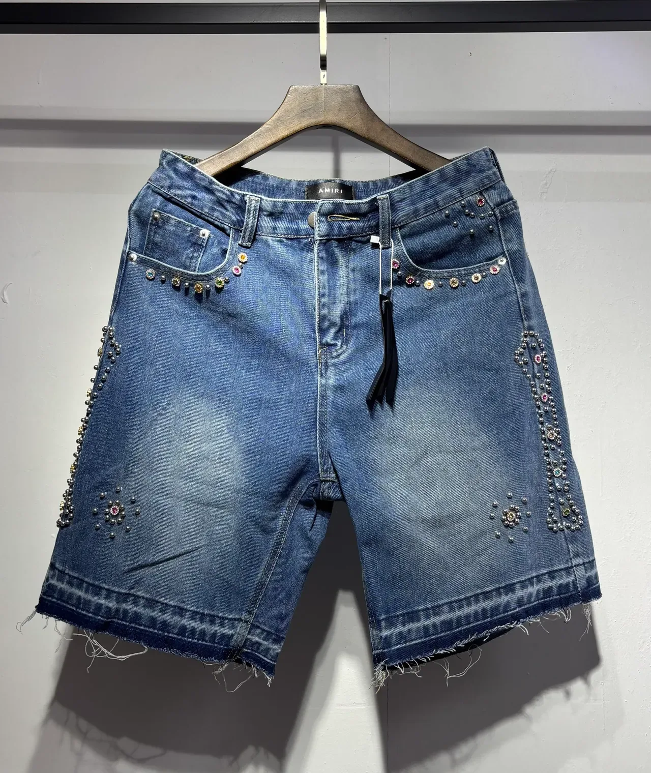 Amiri Embellished Rhinestone Pearl Denim Shorts 2
