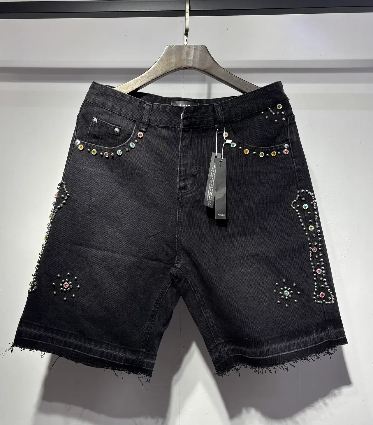Amiri Embellished Rhinestone Pearl Denim Shorts 3