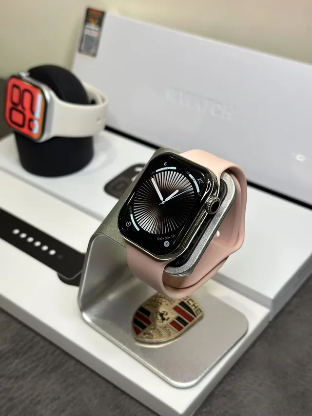 Apple Gray Pink Rectangular Aluminum Case Sport Silicone Bands Sports Watch 10