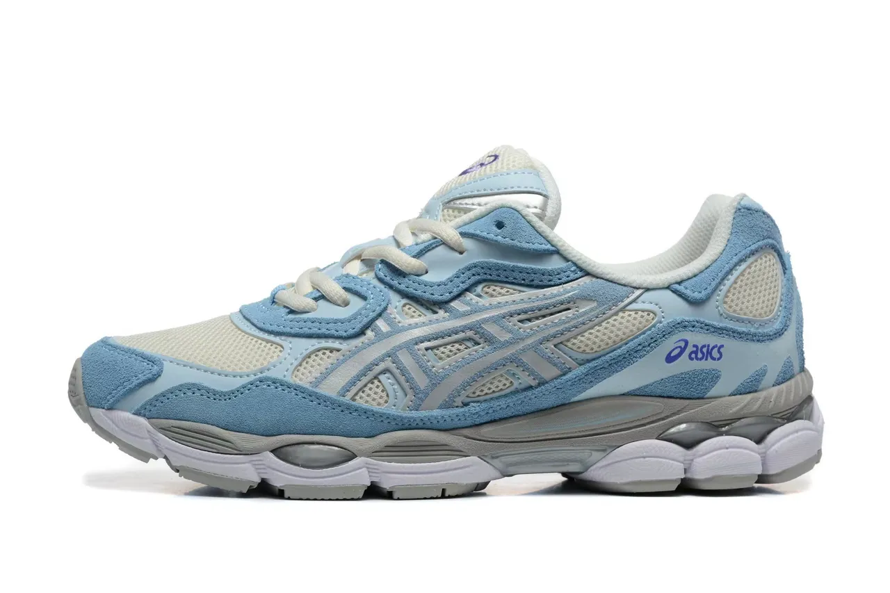 ASICS Tênis de corrida com upper de couro macio e malha azul branco leve, overlay de jaula com listras de tigre cinza 2