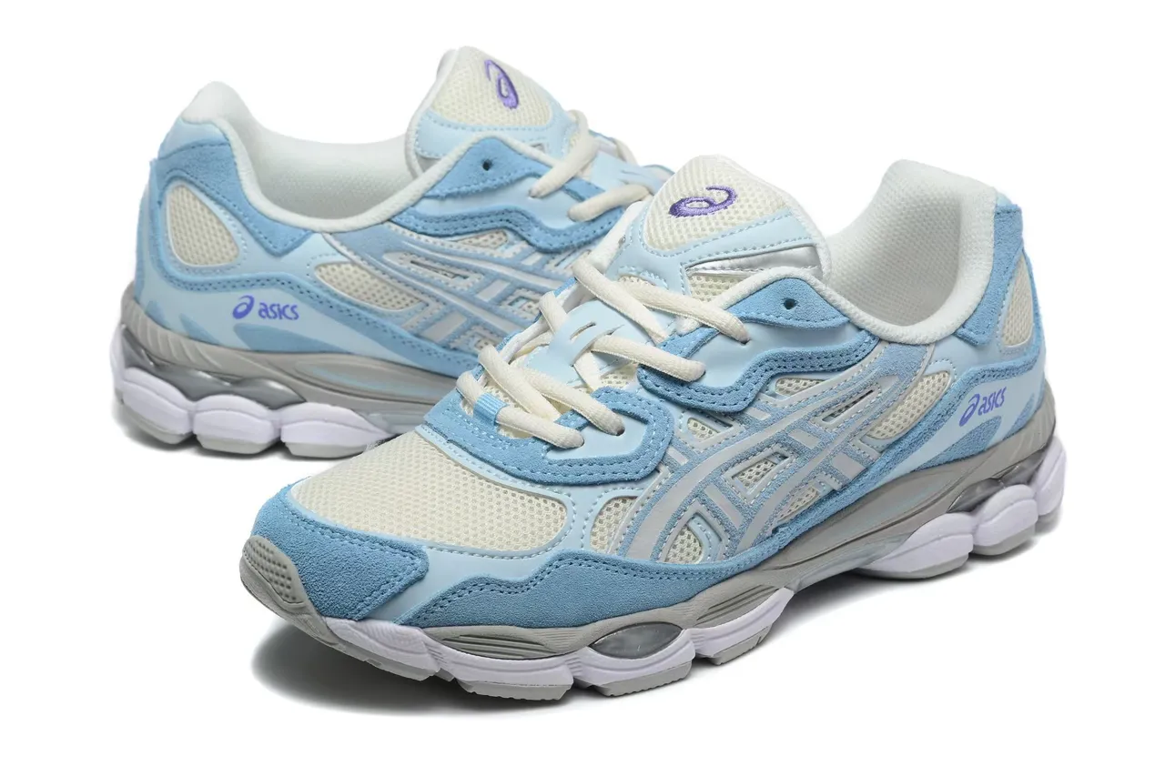 ASICS Tênis de corrida com upper de couro macio e malha azul branco leve, overlay de jaula com listras de tigre cinza 3
