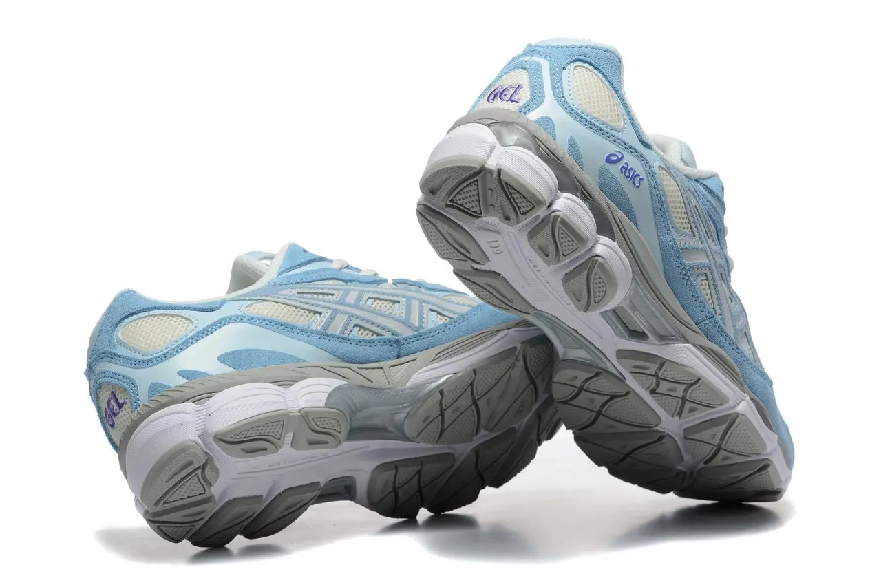 ASICS Tênis de corrida com upper de couro macio e malha azul branco leve, overlay de jaula com listras de tigre cinza 4