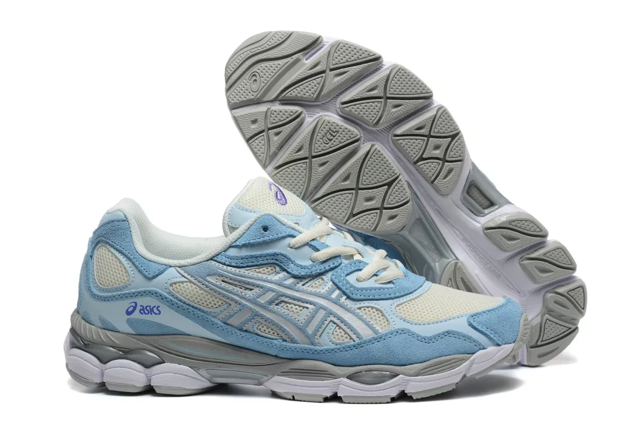 ASICS Tênis de corrida com upper de couro macio e malha azul branco leve, overlay de jaula com listras de tigre cinza 5