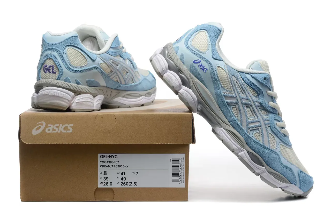 ASICS Tênis de corrida com upper de couro macio e malha azul branco leve, overlay de jaula com listras de tigre cinza 6