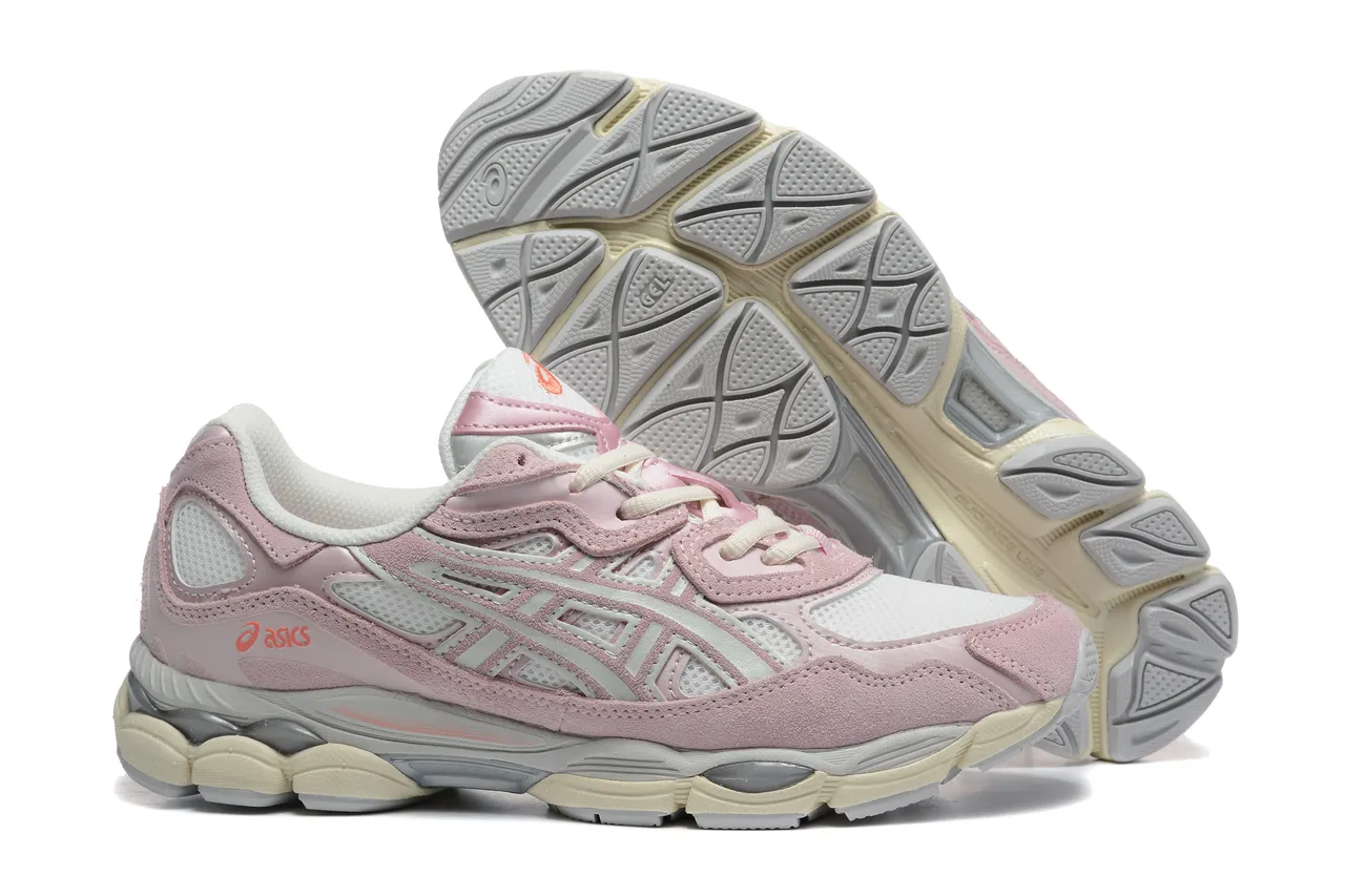ASICS Tênis de corrida rosa branco suede polvorento e malha com sobreposições de camadas sintéticas 4