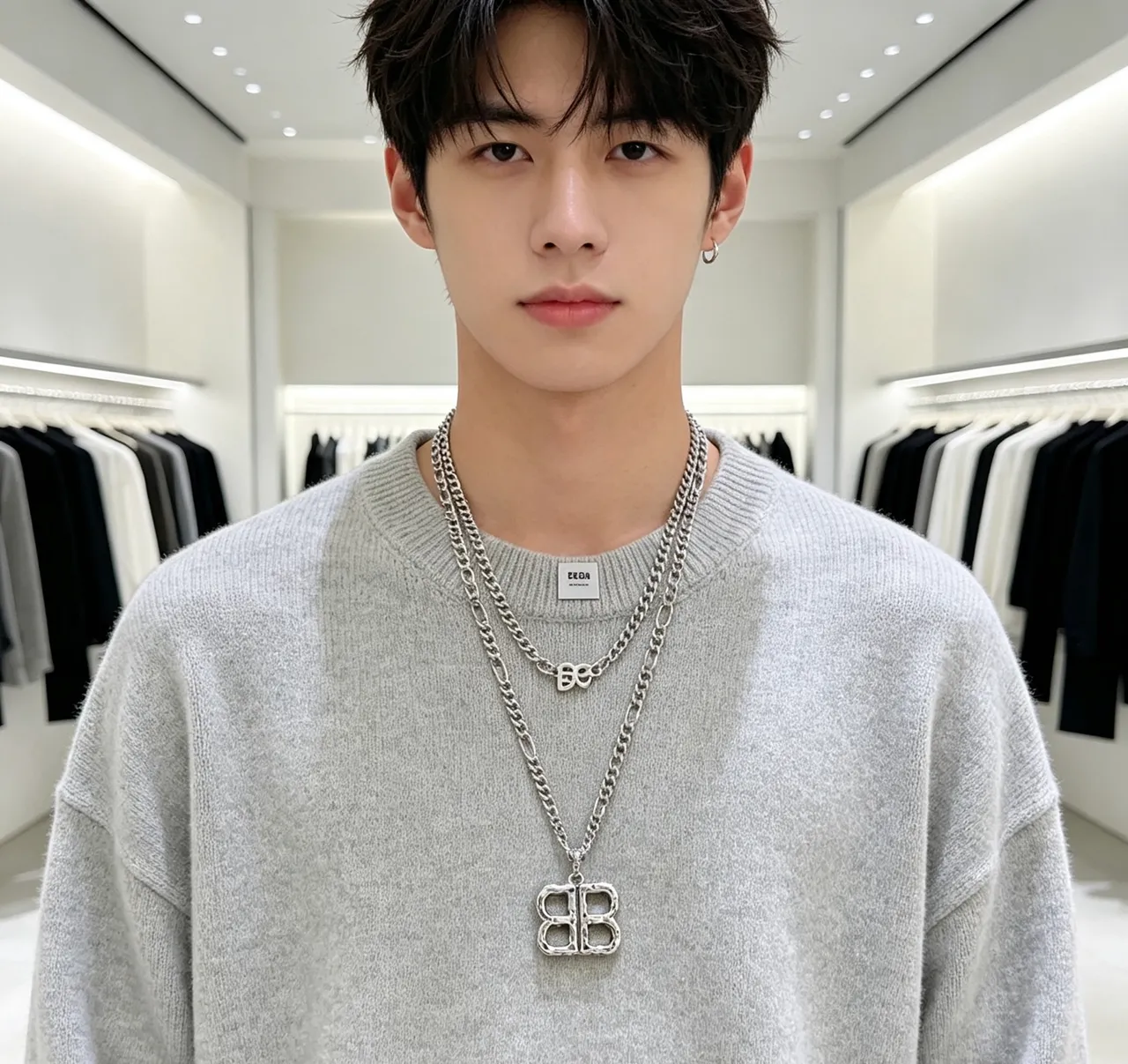 Balenciaga BB and B Pendant Argent Gris Finition Métal Martelé Chaîne Figaro Collier 3