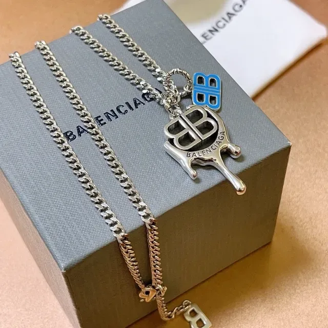 Balenciaga BB Drip Colar Azul Prateado Corrente Curb 6