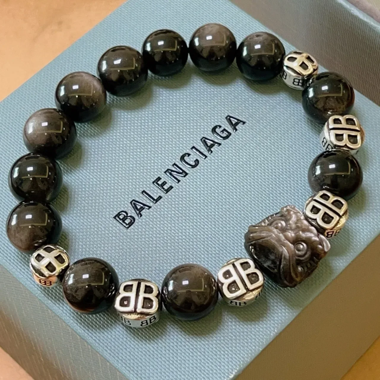 Balenciaga Bracelet Noir Argent Perlé Monogrammé 6