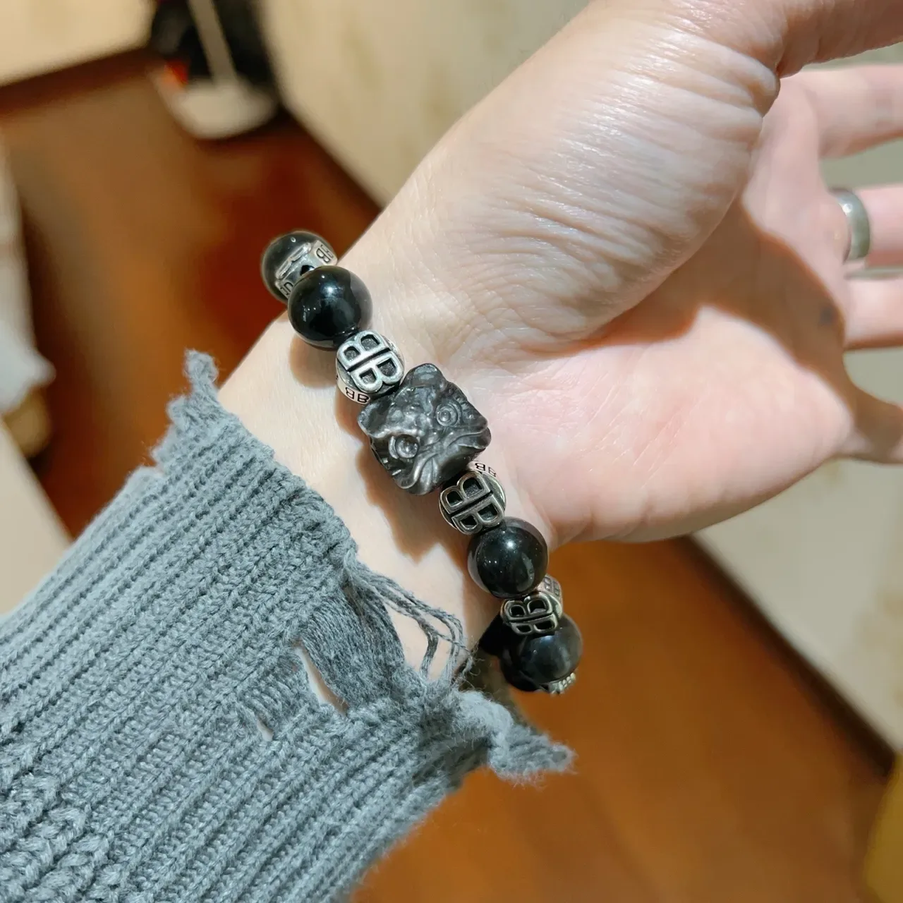 Balenciaga Bracelet Noir Argent Perlé Monogrammé 7