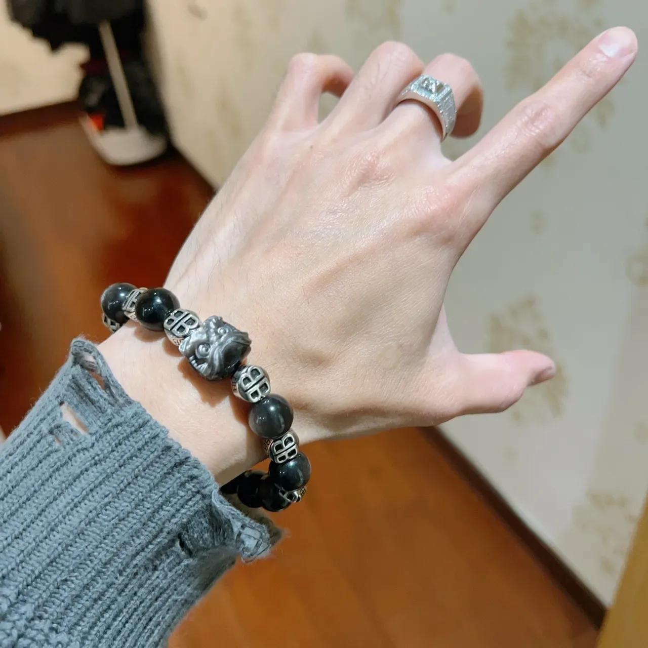 Balenciaga Bracelet Noir Argent Perlé Monogrammé 8