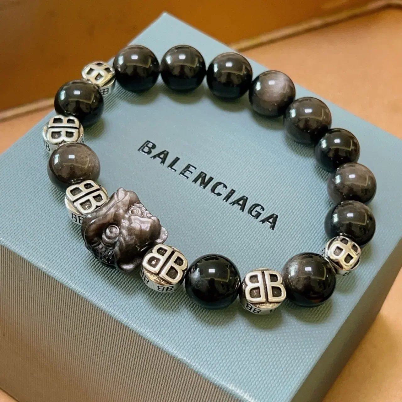 Balenciaga Bracelet Noir Argent Perlé Monogrammé 9