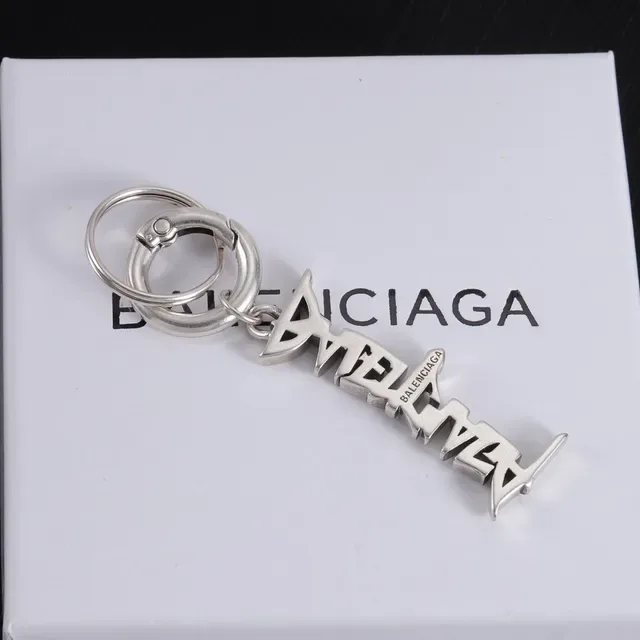 Balenciaga Logo Pendant Keychain Silver Metallic Jewelry 2