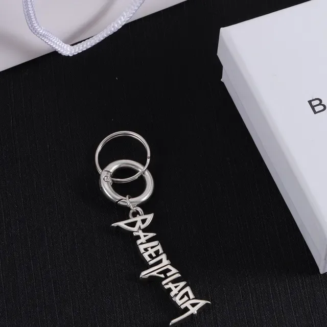 Balenciaga Logo Pendant Keychain Silver Metallic Jewelry 4