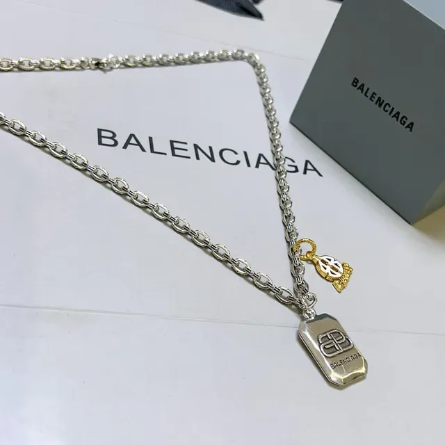 Balenciaga Multi-Charm Necklace Silver Gold Chunky Link Chain Rectangular Engraved Pendant Necklace 2