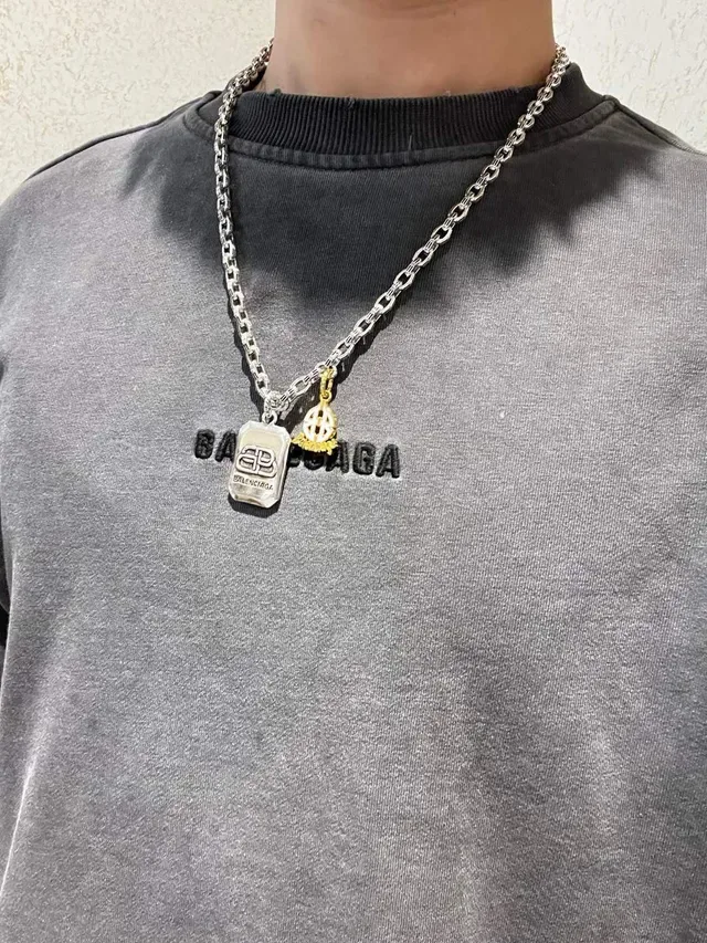 Balenciaga Multi-Charm Necklace Silver Gold Chunky Link Chain Rectangular Engraved Pendant Necklace 3