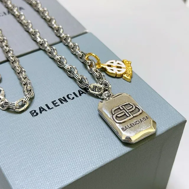 Balenciaga Multi-Charm Necklace Silver Gold Chunky Link Chain Rectangular Engraved Pendant Necklace 4