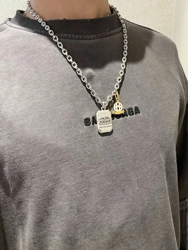 Balenciaga Multi-Charm Necklace Silver Gold Chunky Link Chain Rectangular Engraved Pendant Necklace 6