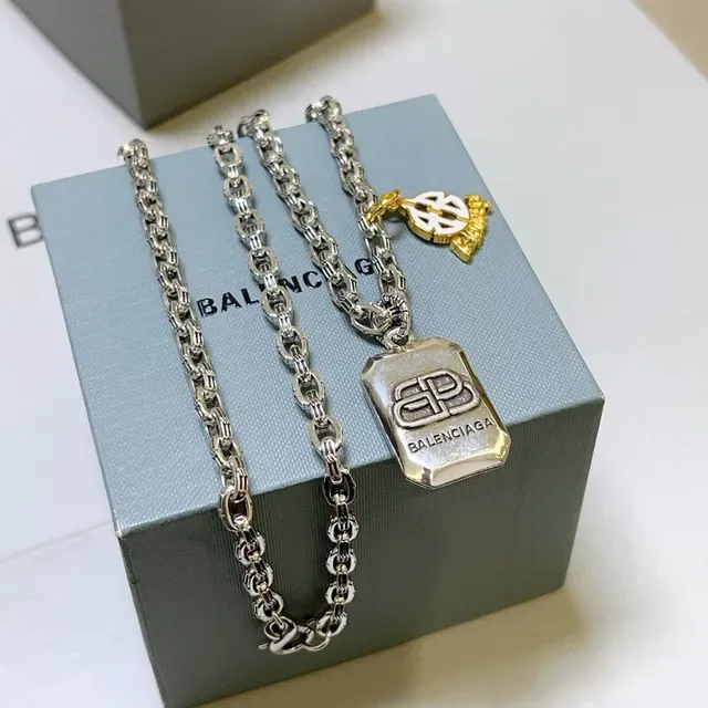 Balenciaga Multi-Charm Necklace Silver Gold Chunky Link Chain Rectangular Engraved Pendant Necklace 7