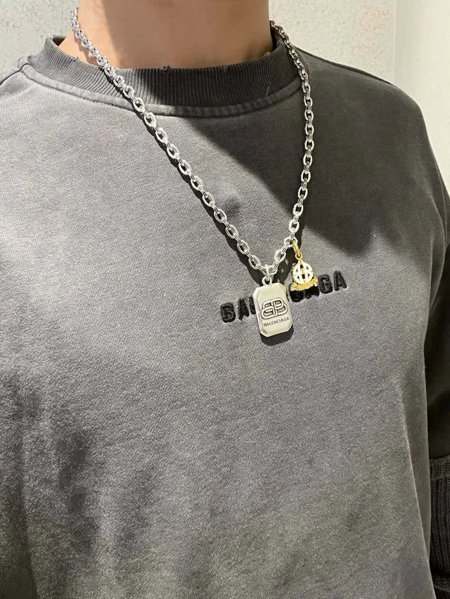 Balenciaga Multi-Charm Necklace Silver Gold Chunky Link Chain Rectangular Engraved Pendant Necklace 8