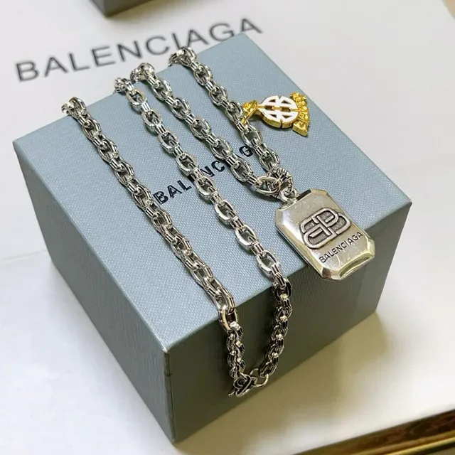Balenciaga Multi-Charm Necklace Silver Gold Chunky Link Chain Rectangular Engraved Pendant Necklace 9