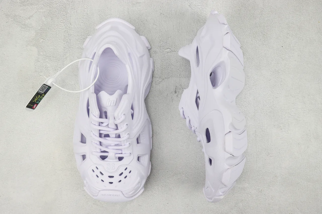 Balenciaga Runner Branco Roxo Construção de Espuma Monolítica Detalhe de Corte Assimétrico Tênis Chunky 3