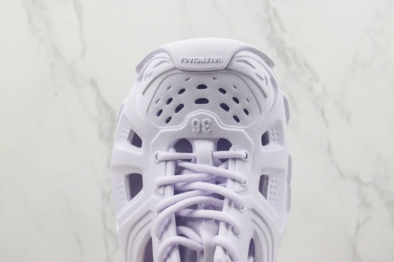 Balenciaga Runner Branco Roxo Construção de Espuma Monolítica Detalhe de Corte Assimétrico Tênis Chunky 6