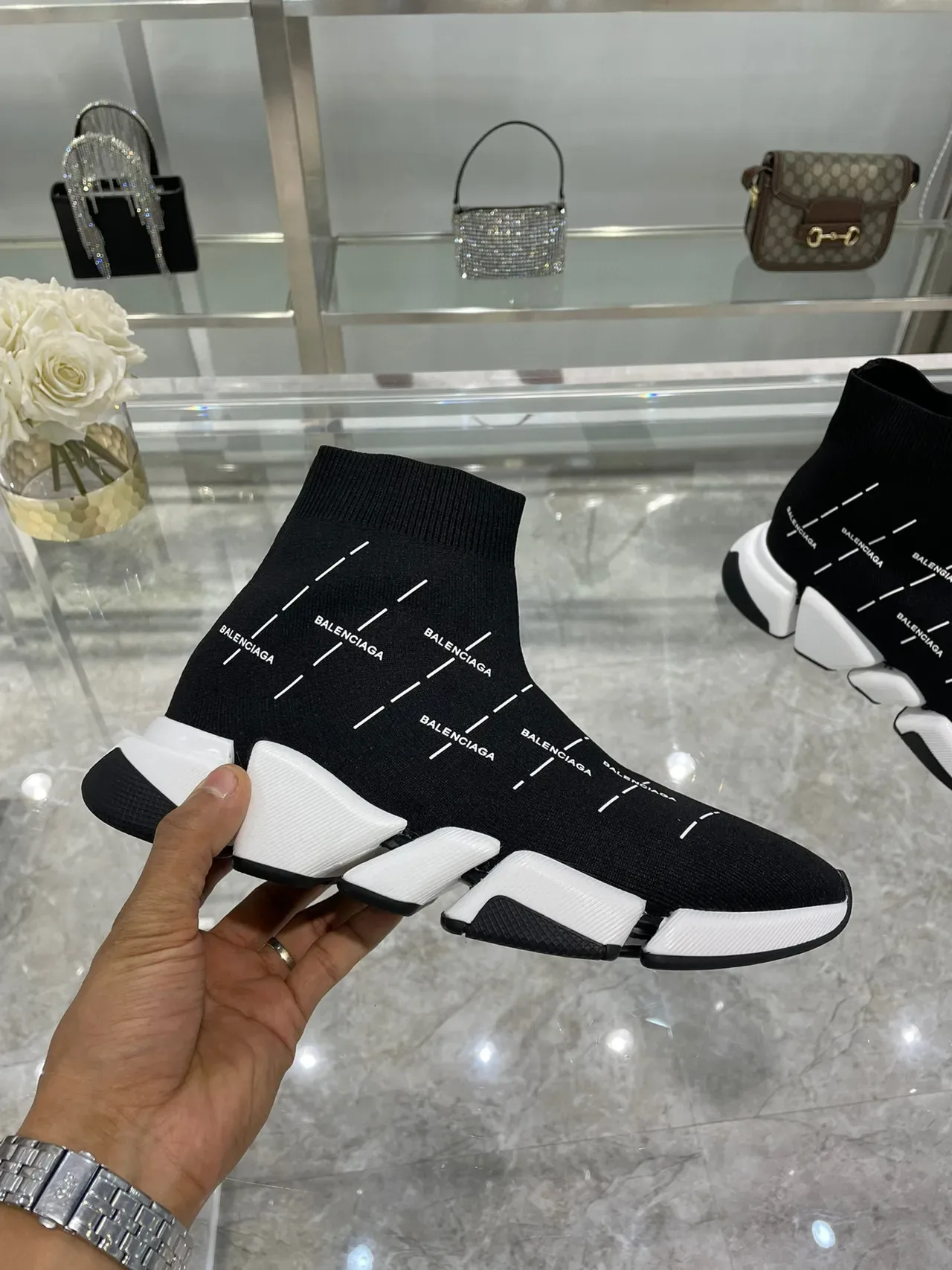 Balenciaga Speed Trainer Black and White Laceless Lifestyle Sneakers 6