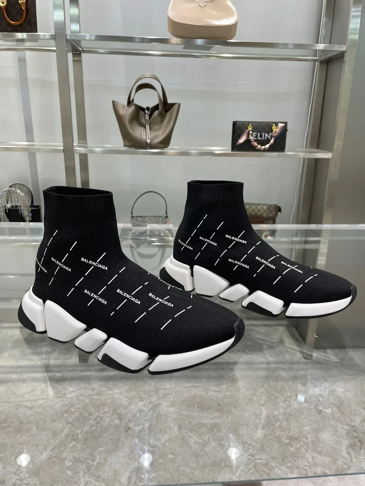 Balenciaga Speed Trainer Black and White Laceless Lifestyle Sneakers 7