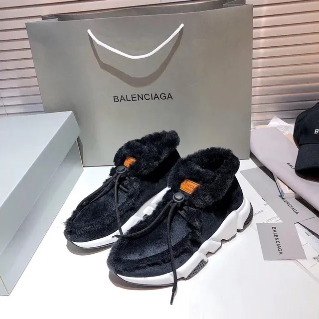 Balenciaga Speed Trainer Chaussures noires à col duveteux épaisses 2