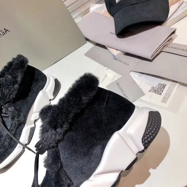 Balenciaga Speed Trainer Chaussures noires à col duveteux épaisses 9
