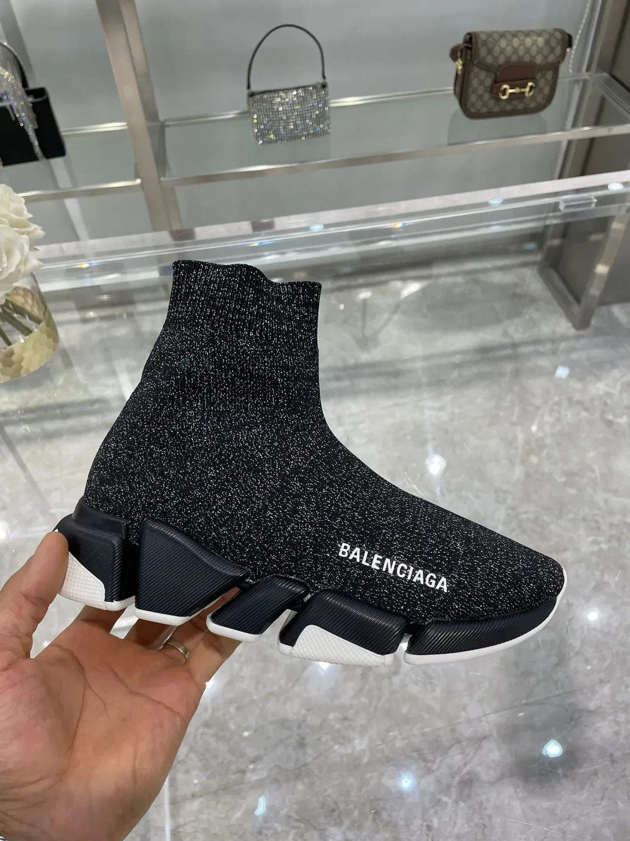 Balenciaga Speed Trainer Glitter Black Knit Lifestyle Sneakers 3