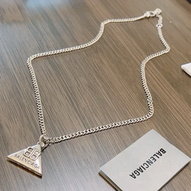 Balenciaga Triangle Pendant Silver Curb Chain Necklace 4