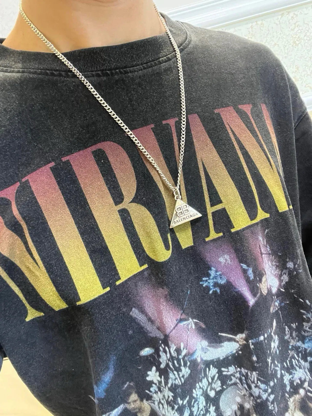 Balenciaga Triangle Pendant Silver Curb Chain Necklace 5