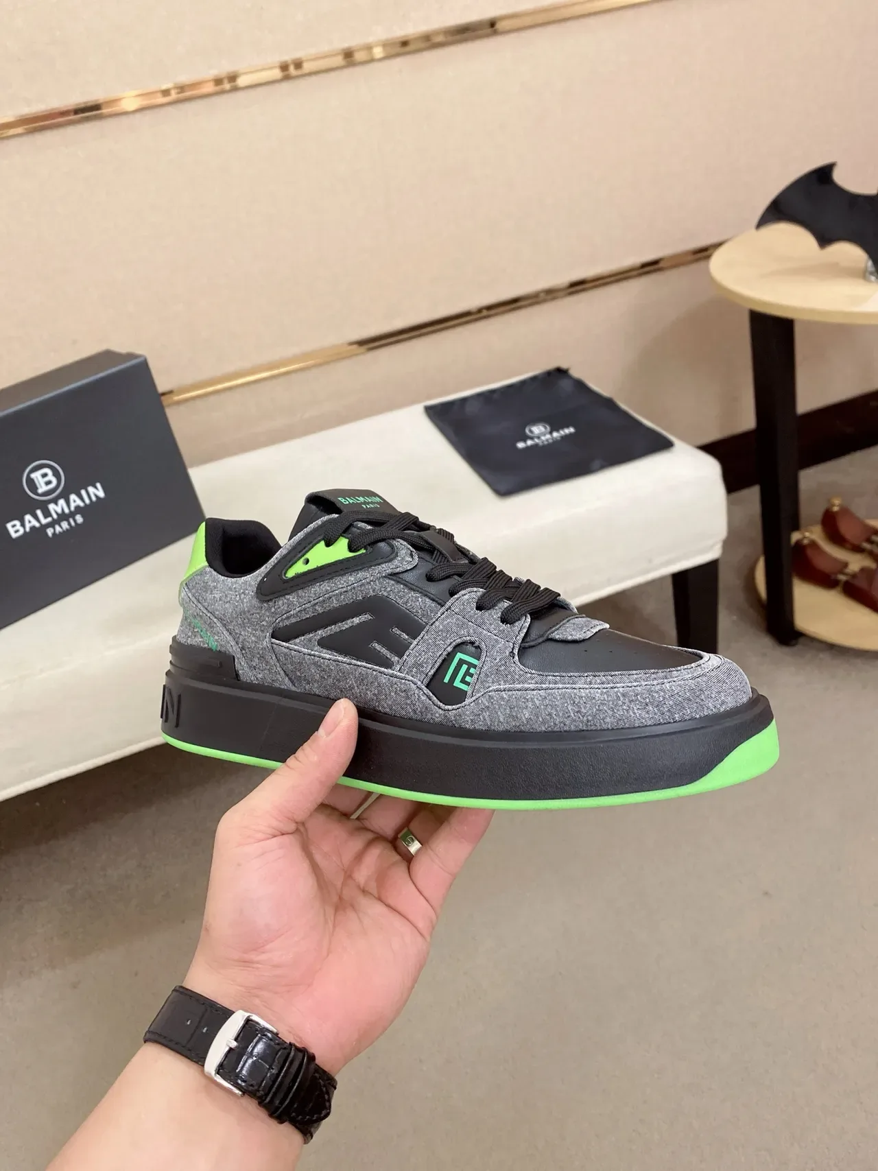 Balmain B-Court Gray Black Neon Green Lifestyle Sneakers 4