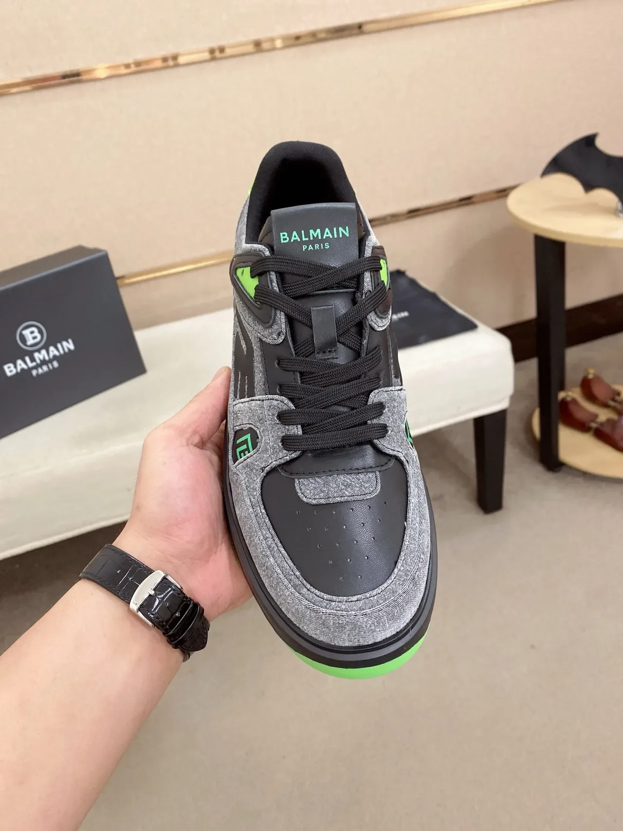 Balmain B-Court Gray Black Neon Green Lifestyle Sneakers 5