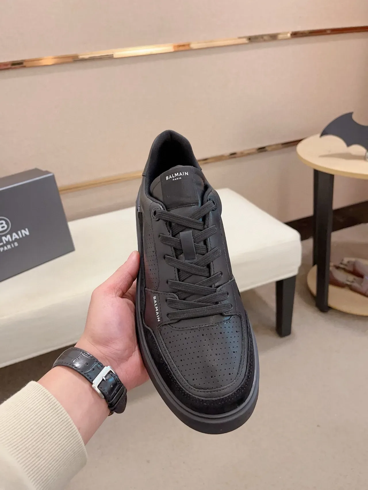 Balmain Black Gray Perforated Leather Suede Toe Cap Lifestyle Sneakers 2