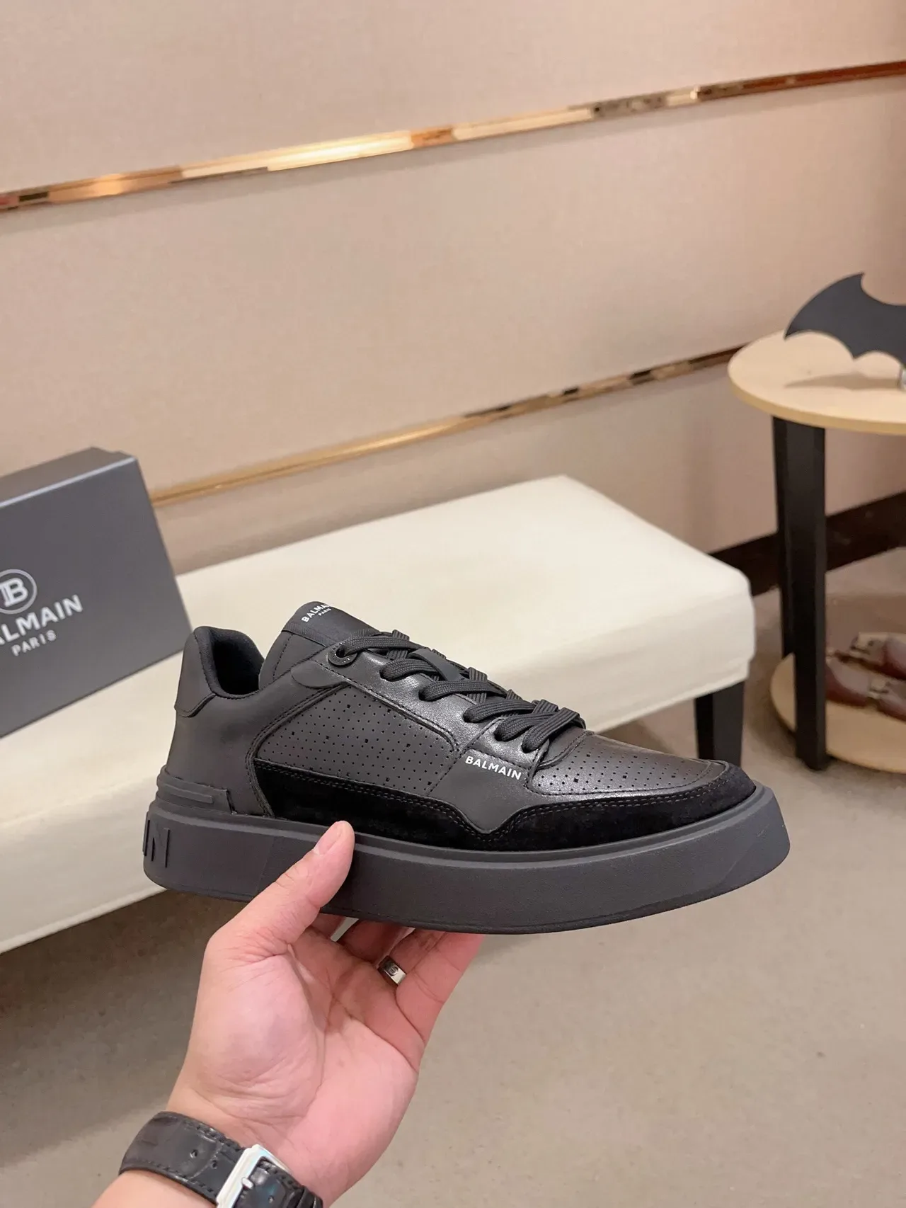 Balmain Black Gray Perforated Leather Suede Toe Cap Lifestyle Sneakers 4