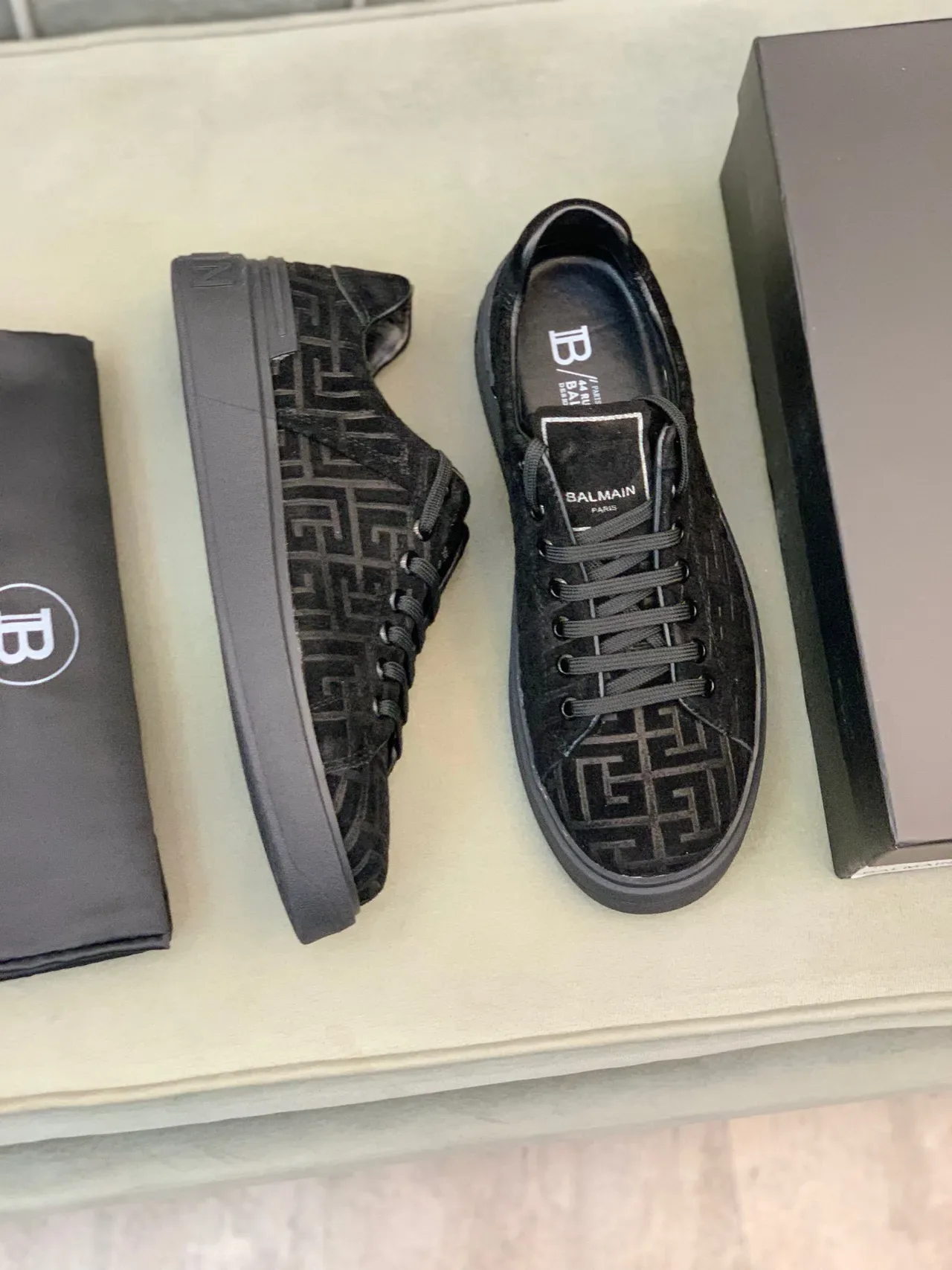 Balmain Black Monogrammed Suede Low-Top Lifestyle Sneakers 8
