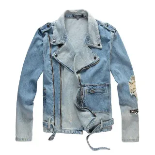 Balmain Blue Asymmetrical Zip Distressed Denim Jacket