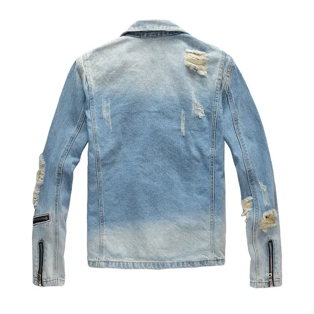 Balmain Blue Asymmetrical Zip Distressed Denim Jacket 2