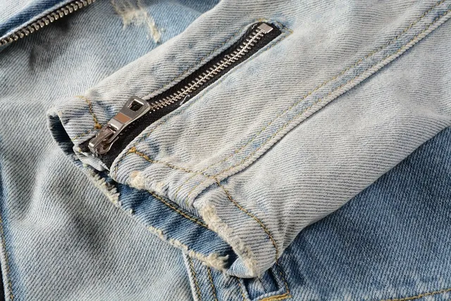 Balmain Blue Asymmetrical Zip Distressed Denim Jacket 7