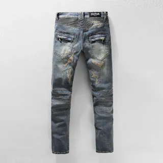 Balmain Distressed Biker-Style Blue Jeans
