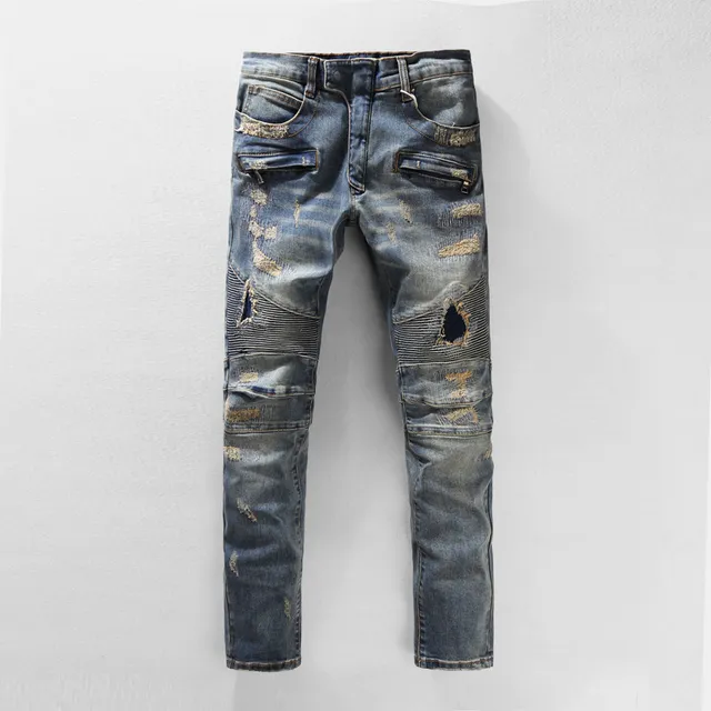 Balmain Distressed Biker-Style Blue Jeans 9