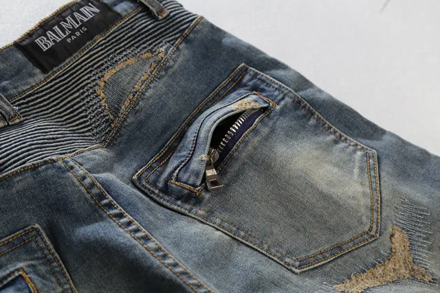 Balmain Distressed Biker-Style Blue Jeans 10