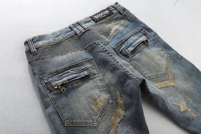 Balmain Distressed Biker-Style Blue Jeans 11