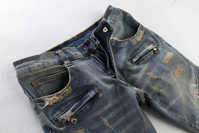 Balmain Distressed Biker-Style Blue Jeans 13