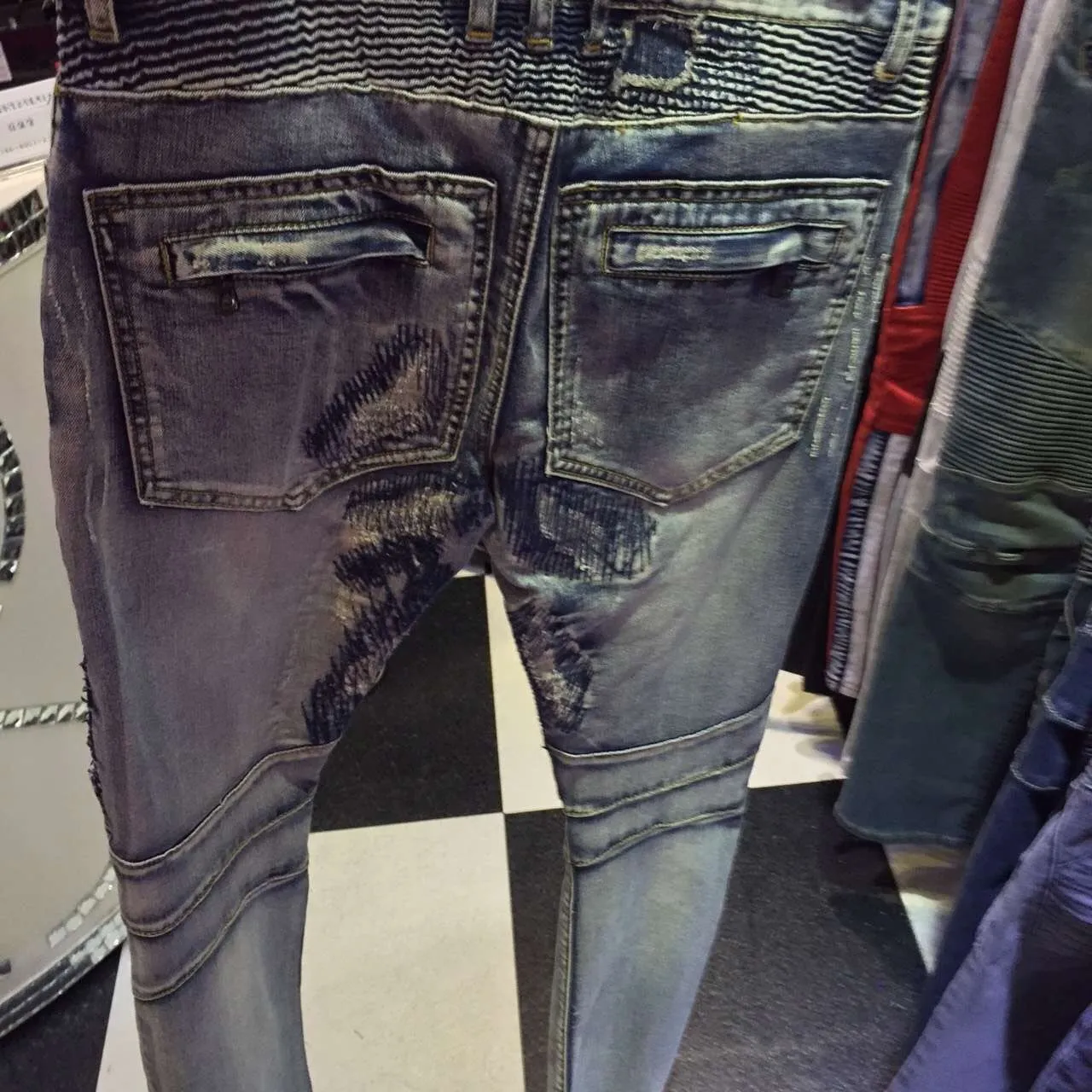 Balmain Distressed Moto-Style Slim-Fit Blue Jeans 2