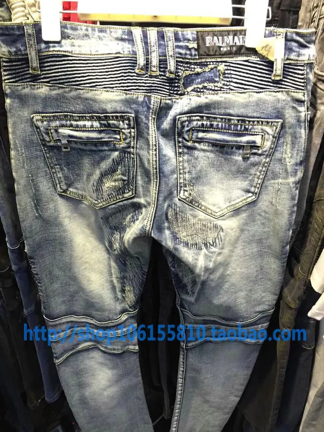 Balmain Distressed Moto-Style Slim-Fit Blue Jeans 11