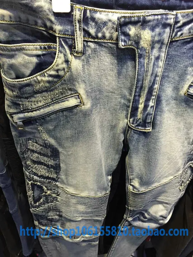 Balmain Distressed Moto-Style Slim-Fit Blue Jeans 15