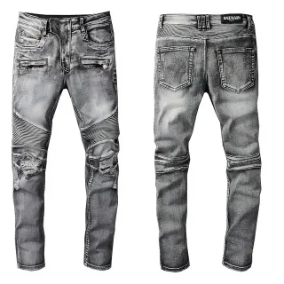 Balmain Moto-Style Distressed Gray Jeans